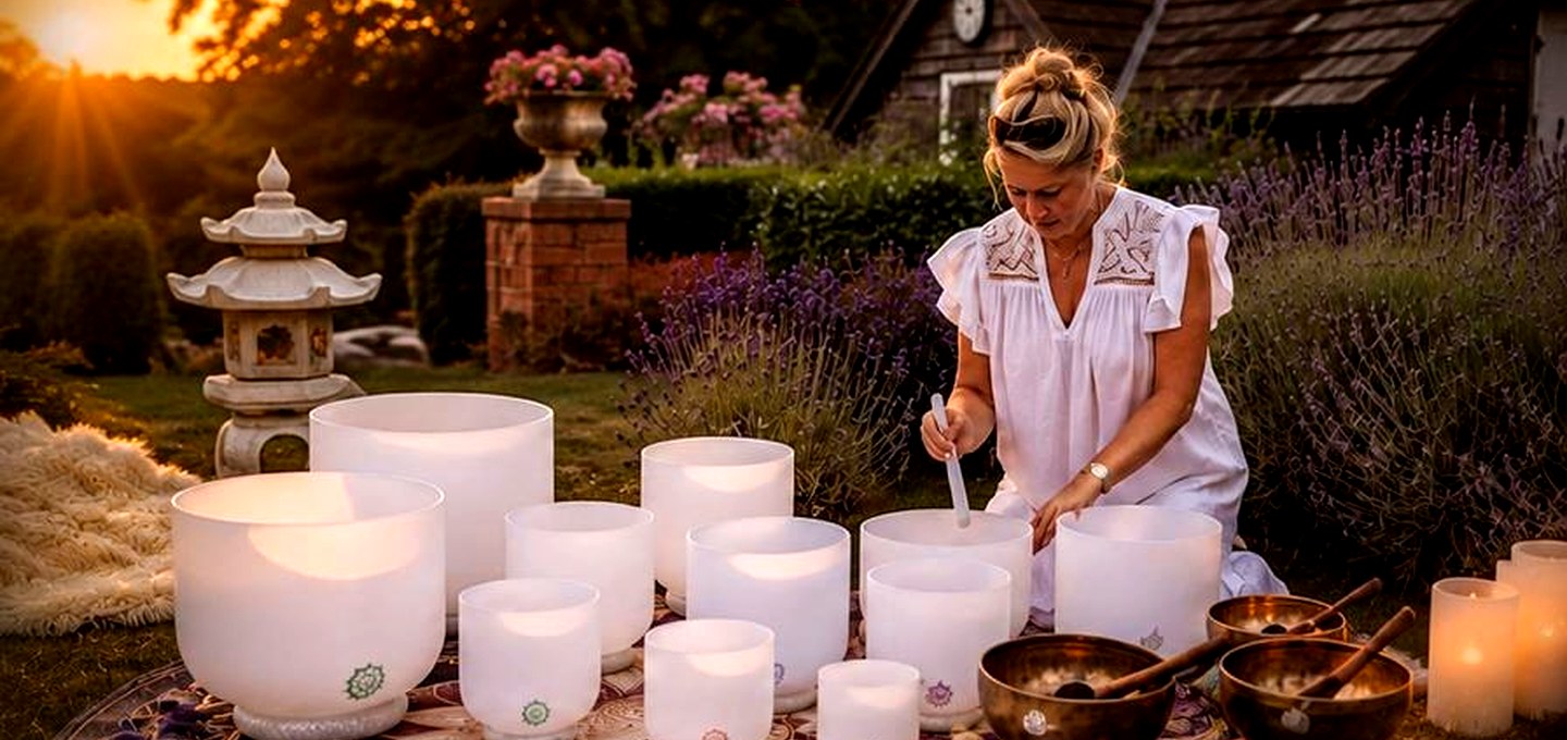 Julie Stocker with crystal singing bowls in a golden garden at sunset