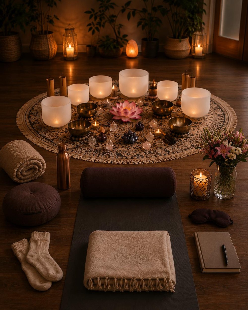 A mat, bolster, blanket, socks, eye mask and water laid out ready beside a circle of singing bowls