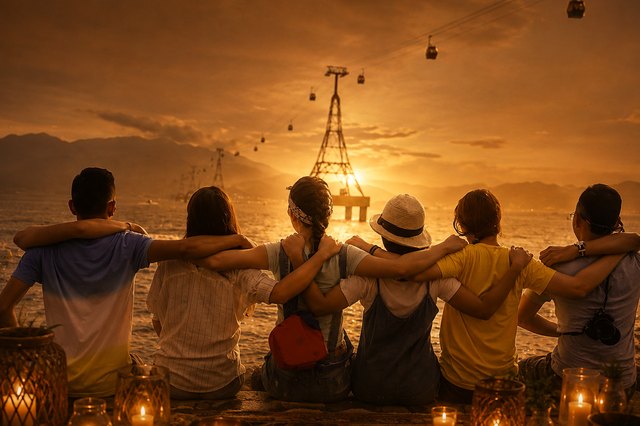 A group sitting arm in arm at sunset, candles and bowls around them