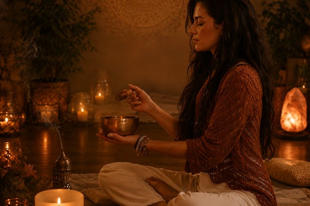 A practitioner playing a brass singing bowl by candlelight