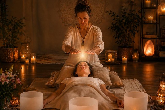 Reiki hands held above the crown, surrounded by crystal and brass bowls