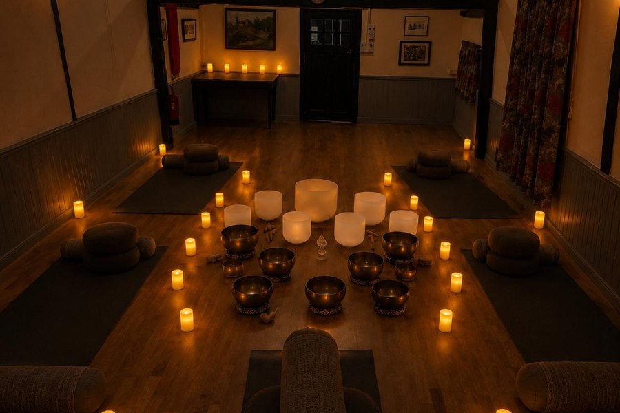Heath Village Barn lit with candles, mats and bolsters around a circle of bowls