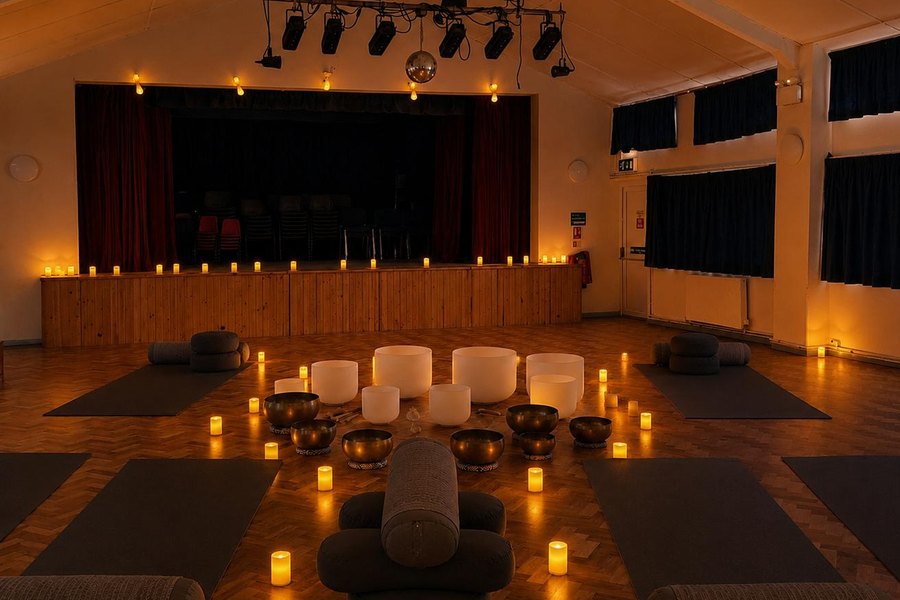 Long Marston Victory Hall set up by candlelight with mats and a circle of bowls