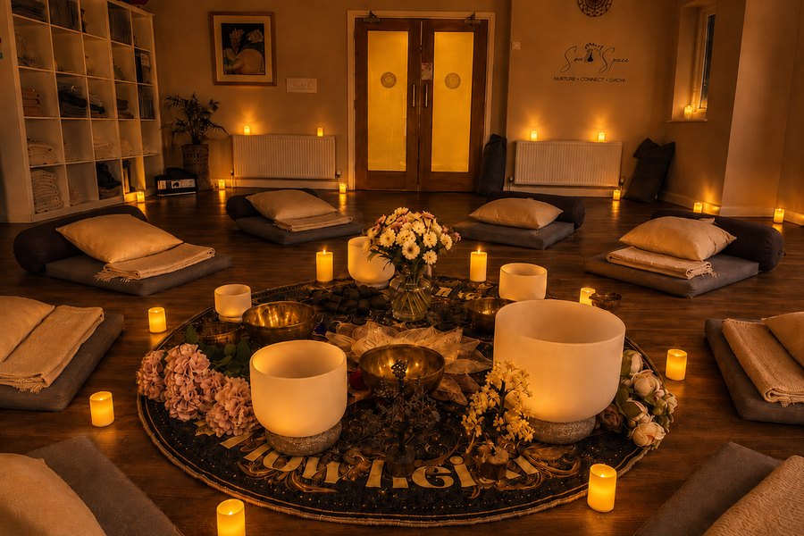 The Roade House Yoga Studio by candlelight, cushions and blankets set around a circle of bowls and flowers