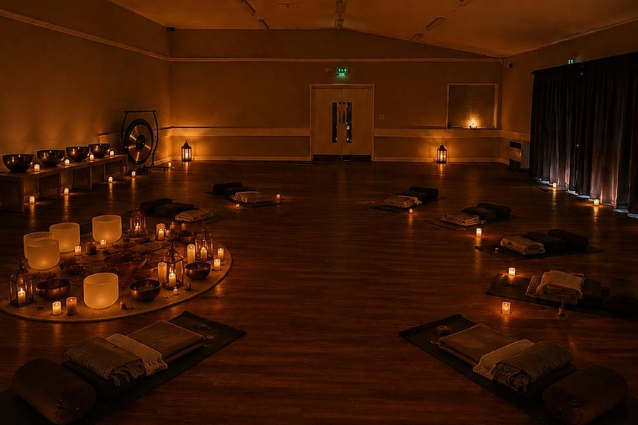 Stanbridge & Tilsworth Community Hall by candlelight, with a gong, a circle of bowls and mats laid out